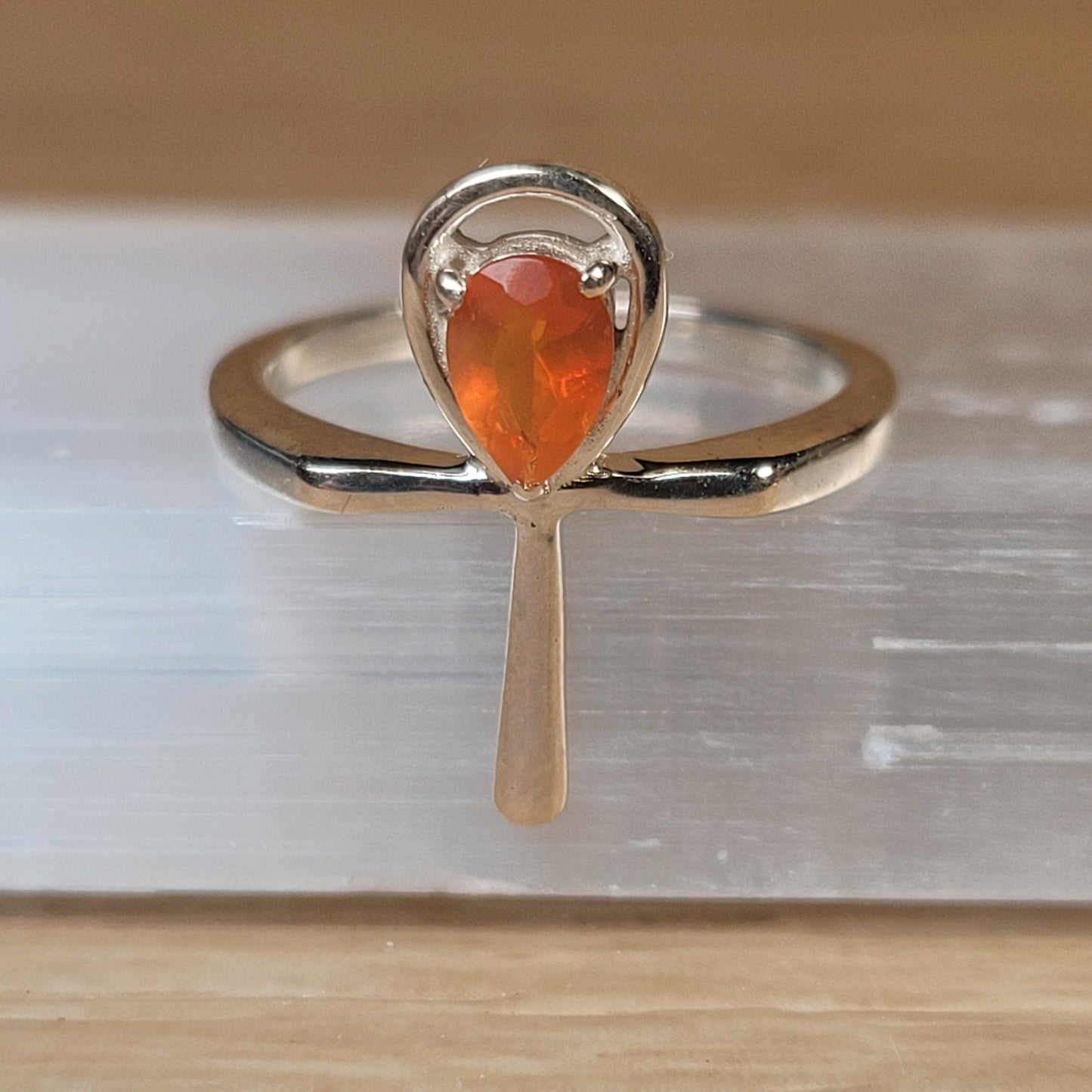Mexican Fire Opal Ankh Sterling Silver Ring - Size 5
