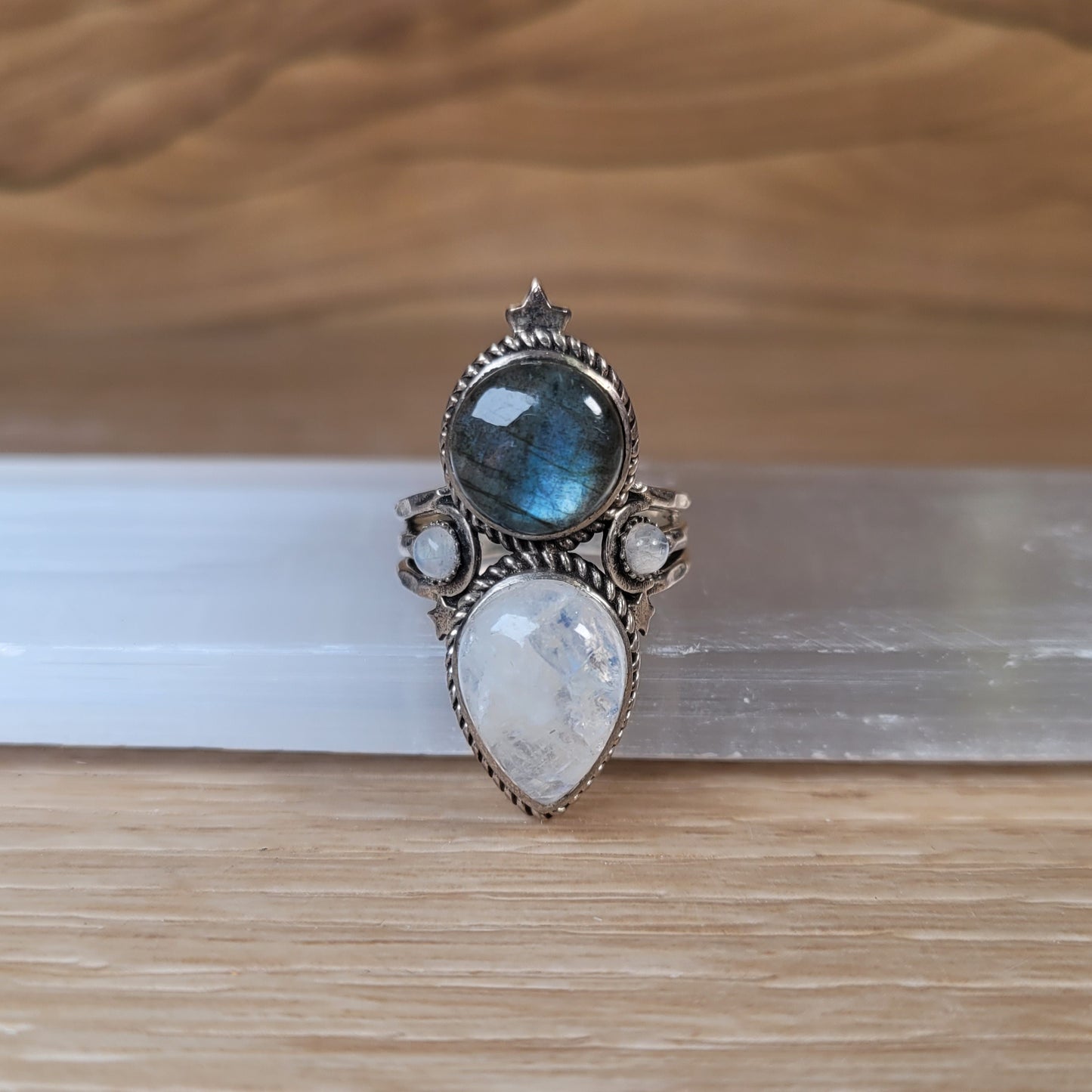 Labradorite & Moonstone Sterling Silver Ring - Size 6