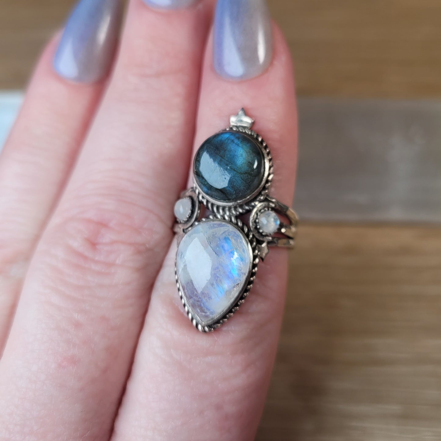 Labradorite & Moonstone Sterling Silver Ring - Size 6