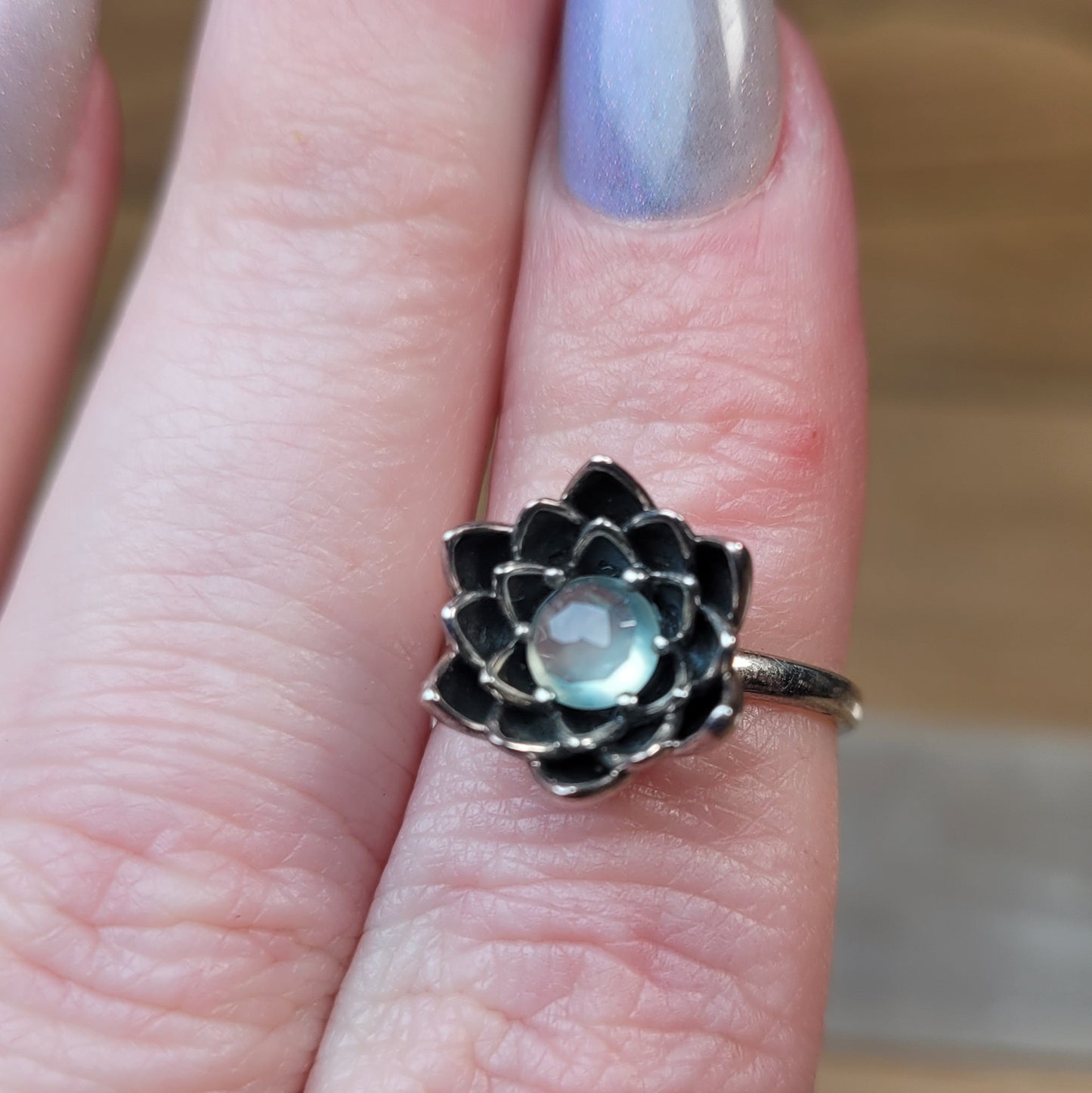 Prehnite Lotus Sterling Silver Ring - Size 5