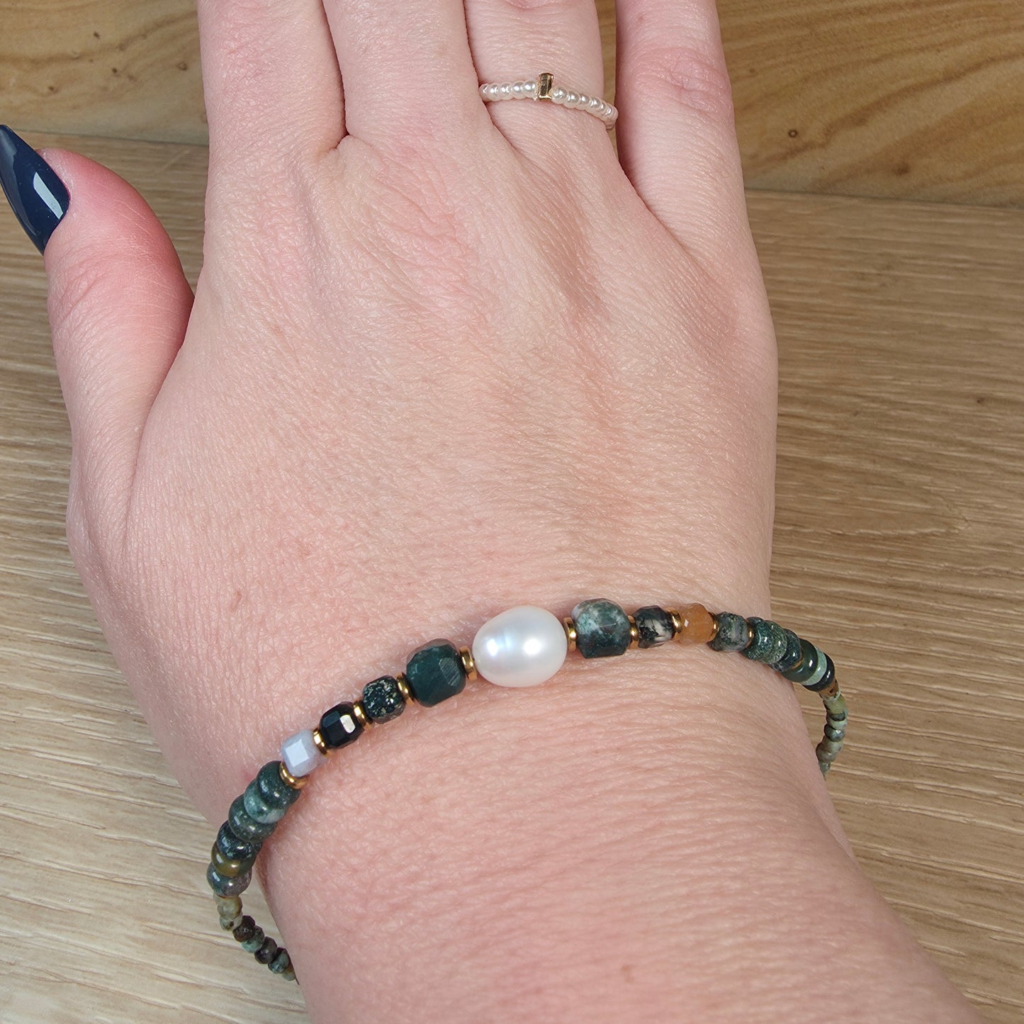 Moss Agate & Mother of Pearl Stainless Steel Bracelet - Adjustable